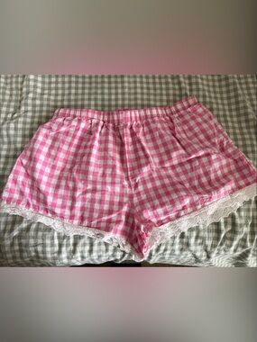 Fashion Nova Pink and White Gingham Lace-Trim Shorts